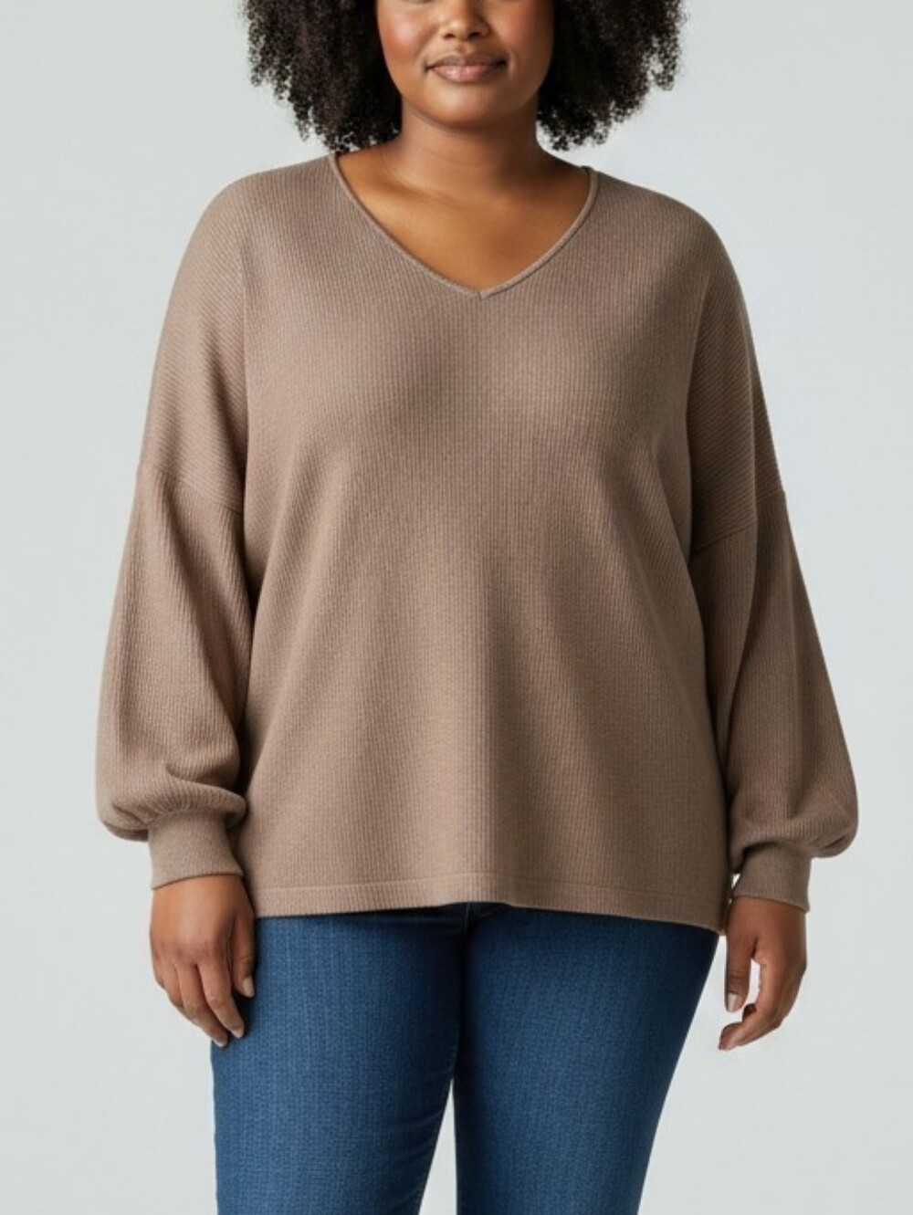 New a.n.a V-Neck Balloon-Sleeve Waffle Knit Top in Brown 3X